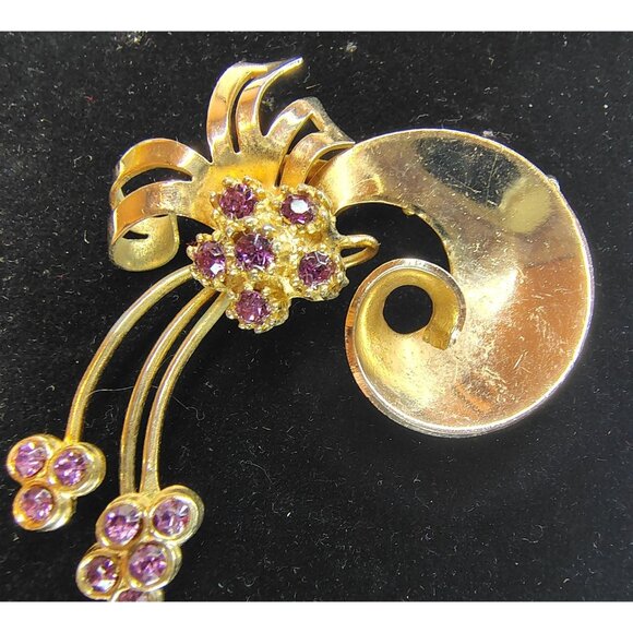 Vintage Purple Rhinestone & Gold Tone Pin Brooch, Art Deco Retro Style Flower - Picture 1 of 5
